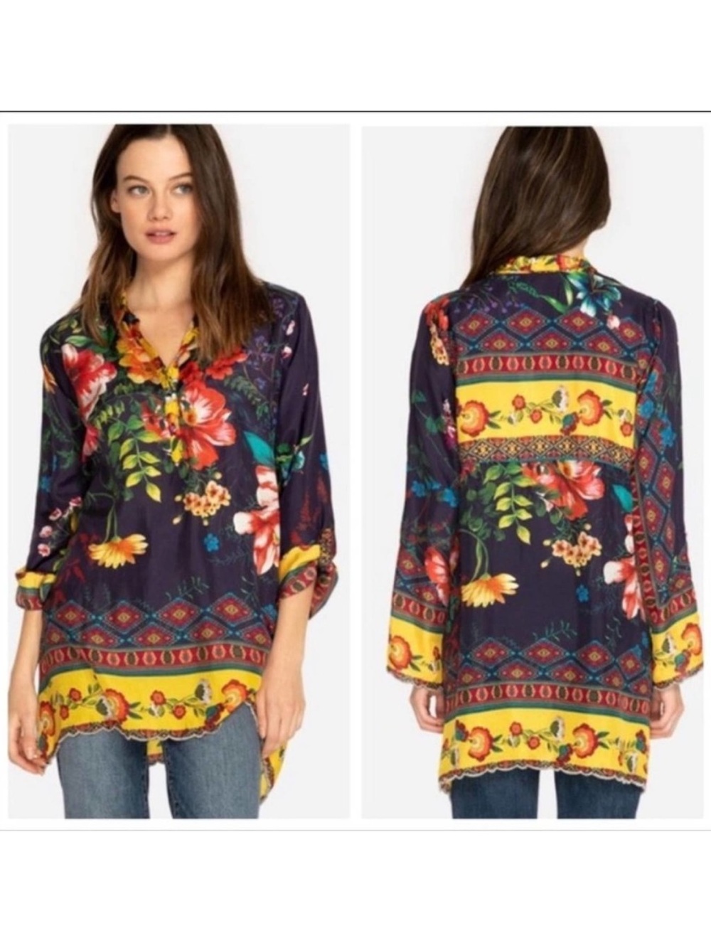 Johnny Was Maisi 100% Silk Floral Tunic Top Shirt - Small